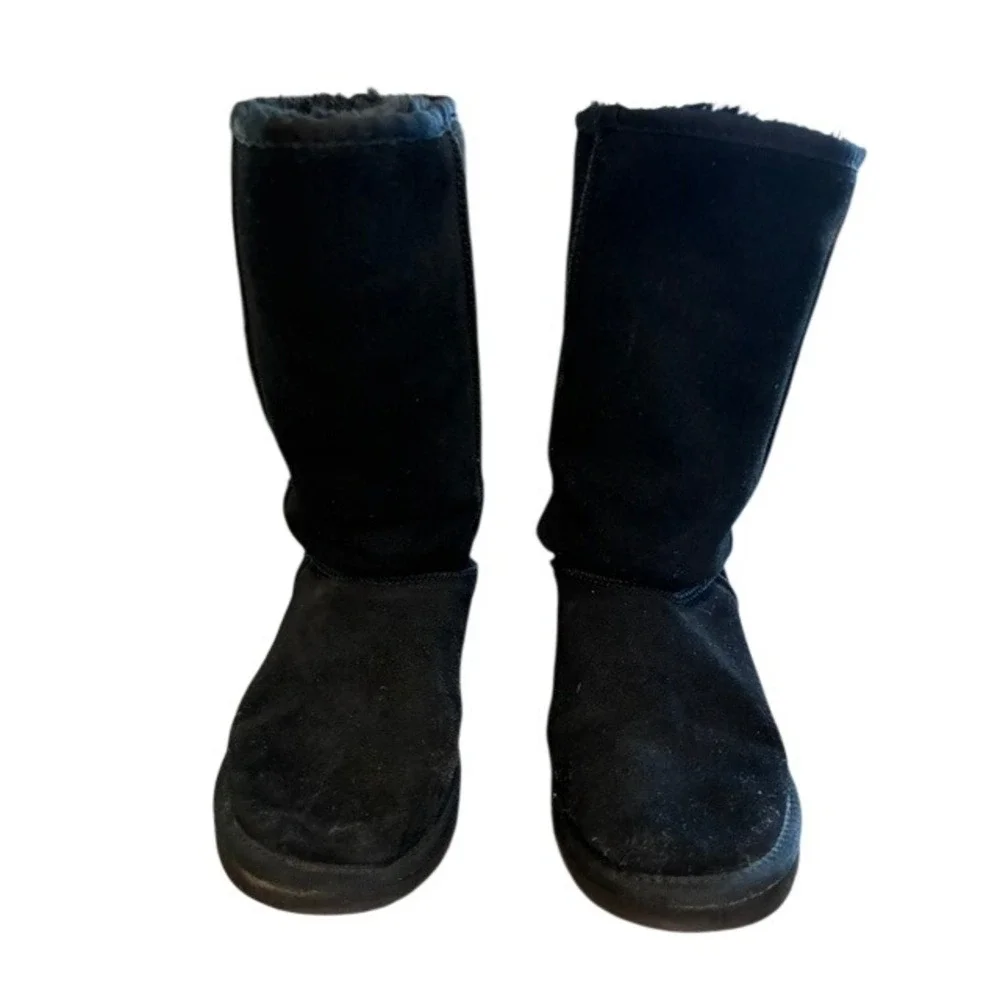 UGG‎ Classic Tall Boots Women 8 Black Good Suede Shearling Lined Winter Mid Calf